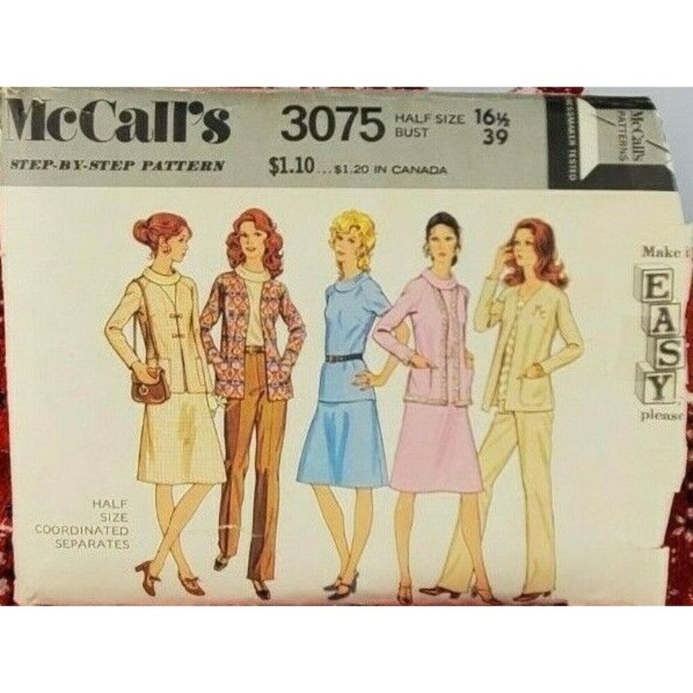 McCall's 1971 Blouse Skirt Pants Jacket Pattern Size 16.5 #3075 VTG
